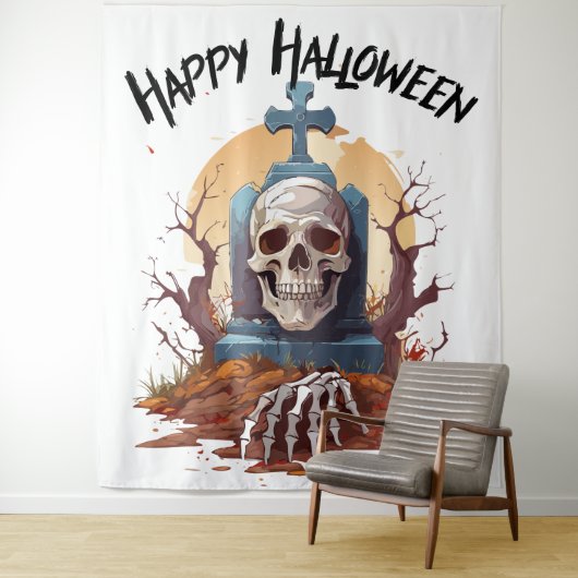 Happy Halloween Head Stone and Skeleton Wandteppich (Beispiel)