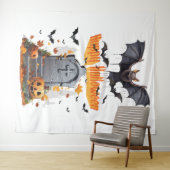 Happy Halloween Head Stone and Vampire Bats Wandteppich (Beispiel (Horizontal))