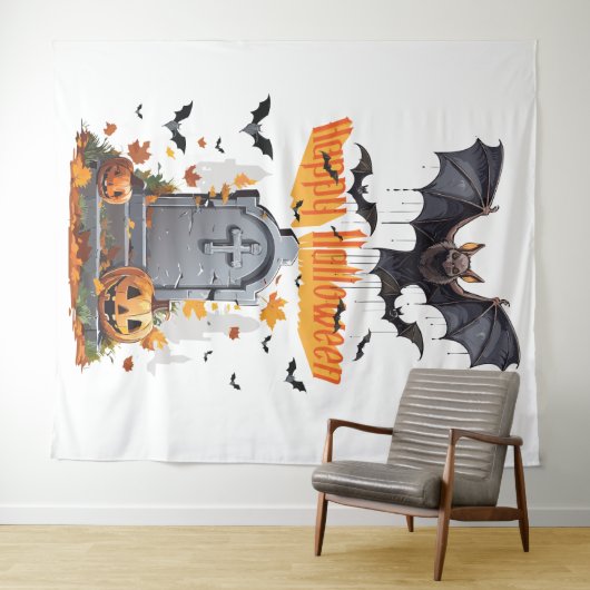 Happy Halloween Head Stone and Vampire Bats Wandteppich (Beispiel (Horizontal))