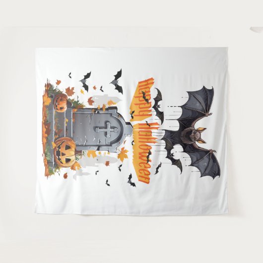 Happy Halloween Head Stone and Vampire Bats Wandteppich (Vorderseite (Horizontal))