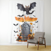 Happy Halloween Head Stone and Vampire Bats Wandteppich (Beispiel)