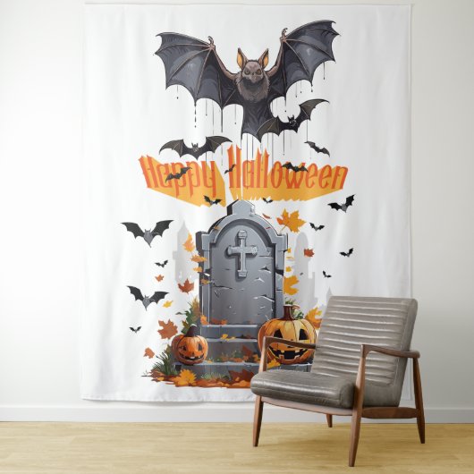Happy Halloween Head Stone and Vampire Bats Wandteppich (Beispiel)