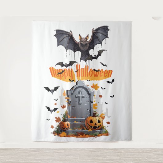 Happy Halloween Head Stone and Vampire Bats Wandteppich (Vorderseite)