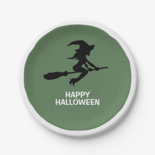 Happy Halloween, Hexe auf Broomstick Pappteller