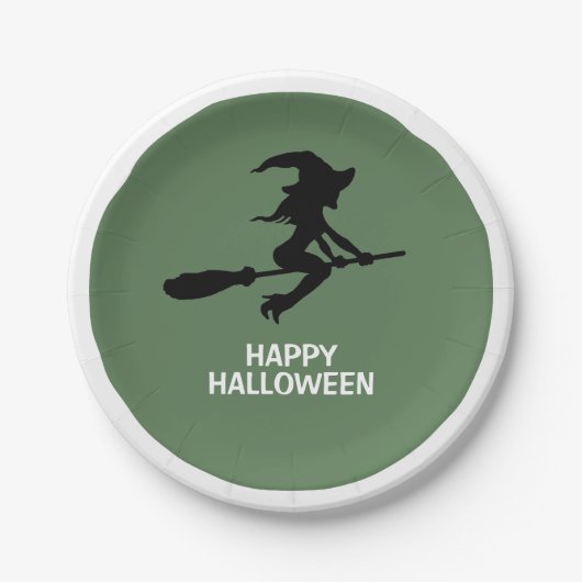 Happy Halloween, Hexe auf Broomstick Pappteller (Vorderseite)