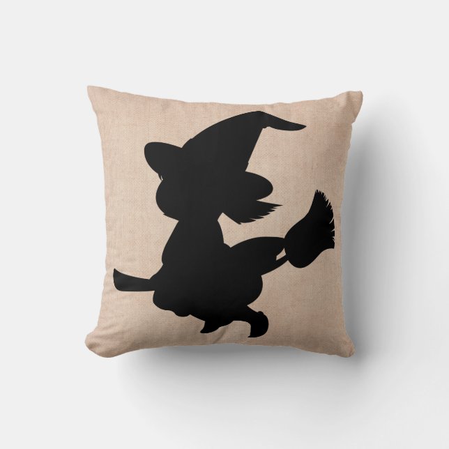 Happy Halloween Hexe mit Broom Burlap Kissen (Vorderseite)