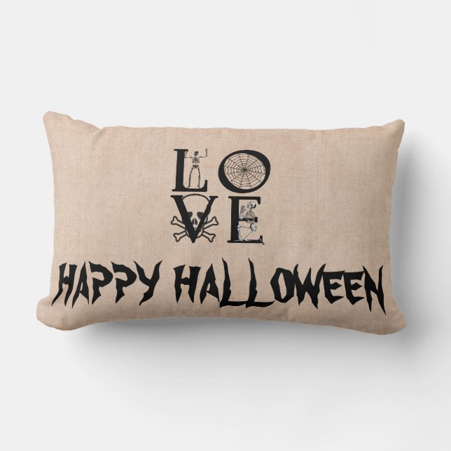 Happy Halloween Hexe mit ihrem Broom Burlap Throw Lendenkissen (Vorderseite)