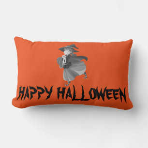 Happy Halloween Hexe mit ihrem Broom Orange Throw Lendenkissen