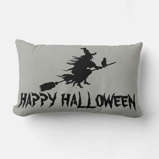 Happy Halloween Hexe mit ihrem Broom Orange Throw Lendenkissen (Vorderseite)