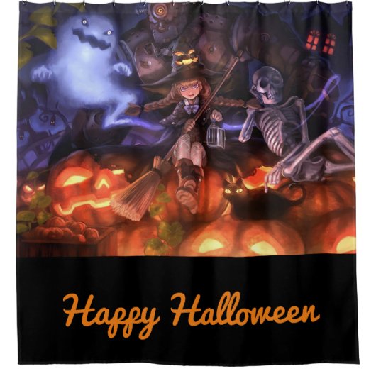 Happy Halloween Hexe und Freunde Duschvorhang (Vorderseite)