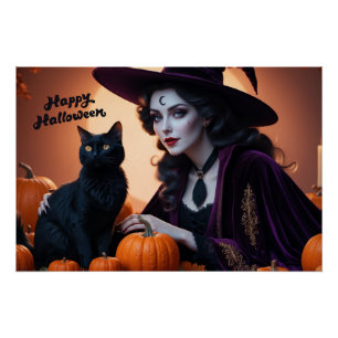 Happy Halloween Hexe und ihre Schwarze Katze Poster
