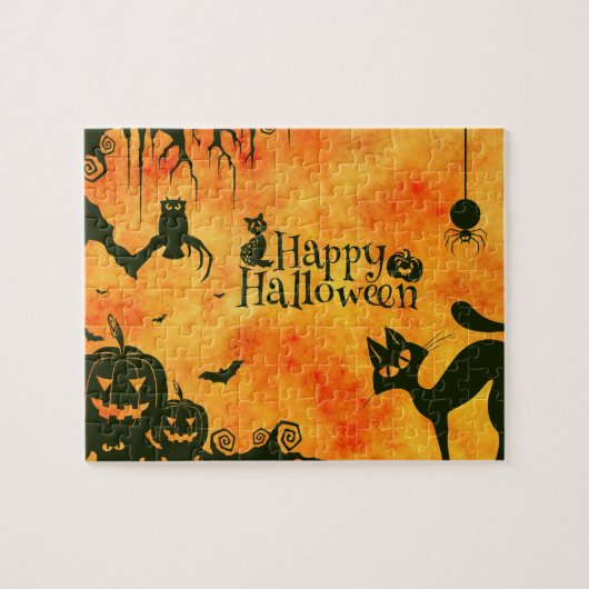 Happy Halloween Hexen Cats Spiders Owls Pumpkins Puzzle (Horizontal)