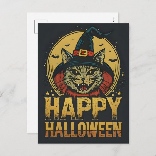 Happy Halloween-Hexenkatze Feiertagspostkarte (Vorne/Hinten)