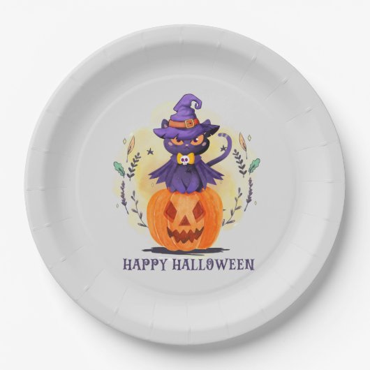 Happy Halloween - Hexenkatze Pappteller (Vorderseite)