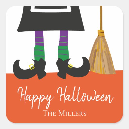 Happy Halloween HexenLegs & Broom Personalisiert Quadratischer Aufkleber (Vorderseite)