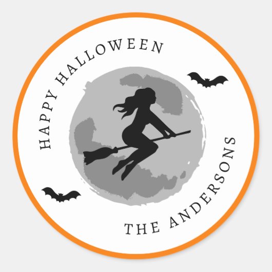 Happy Halloween Hexenriding Broom Custom Text Runder Aufkleber (Vorderseite)