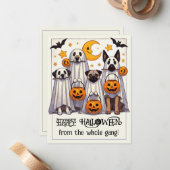 Happy Halloween Hunde in Ghost Costume Mitteilungskarte (Vorderseite/Rückseite Beispiel)