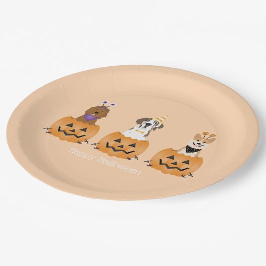 Happy Halloween Hunde in Pumpkins Pappteller (Schrägansicht)