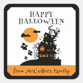 Happy Halloween Hunted House Custom Familienname Quadratischer Aufkleber