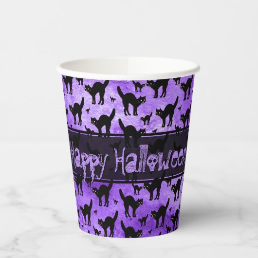 Happy Halloween Iconic Black Cat Silhouette Lila Pappbecher (Links)