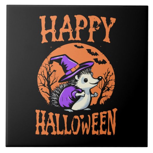 Happy Halloween Igel Hexe Fliese (Vorderseite)