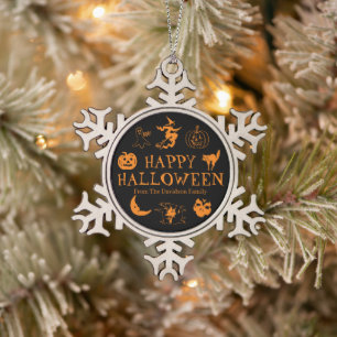 Happy Halloween individuelle Name Schwarz-Orange D Schneeflocken Zinn-Ornament