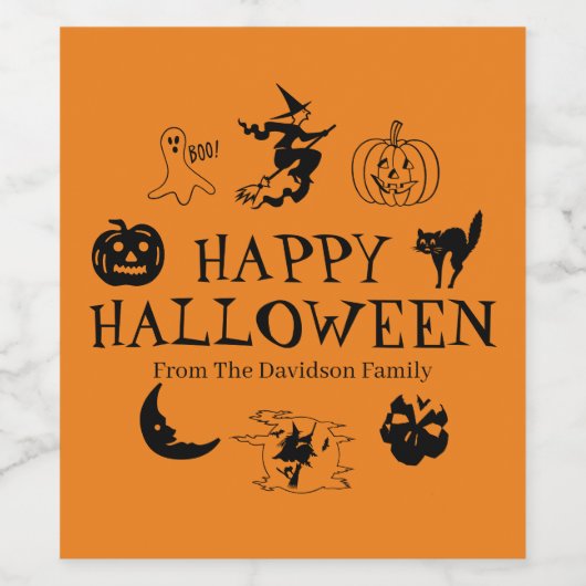 Happy Halloween individuelle Name schwarz & orange Weinetikett (Einzelnes Label)