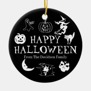 Happy Halloween individuelle Name Schwarz-Weiß-De Keramik Ornament
