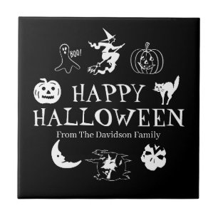 Happy Halloween individuelle Name Schwarz-weiße Sp Fliese