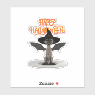 Happy Halloween. Katze mit Flügeln und Hexenhut Aufkleber