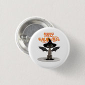 Happy Halloween. Katze mit Flügeln und Hexenhut Button (Vorne & Hinten)