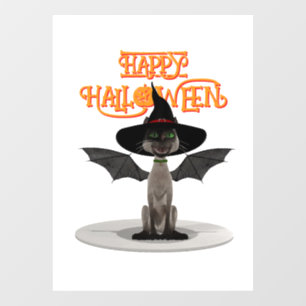 Happy Halloween. Katze mit Flügeln und Hexenhut Fensteraufkleber