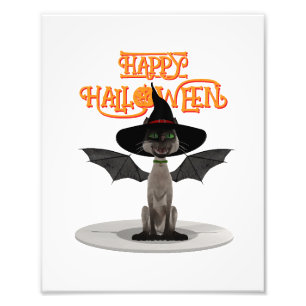 Happy Halloween. Katze mit Flügeln und Hexenhut Fotodruck