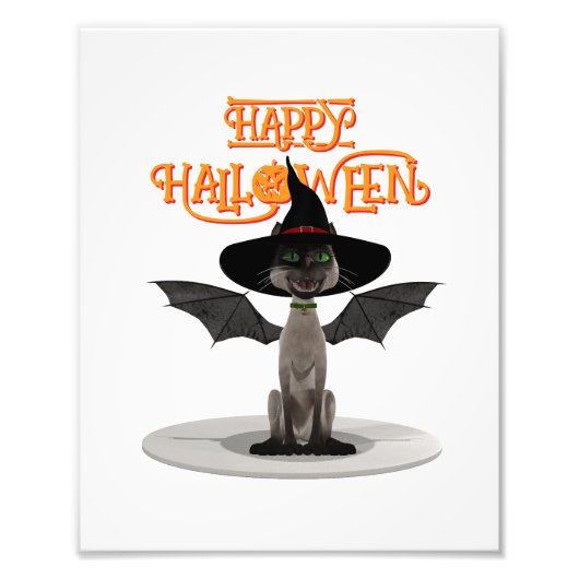 Happy Halloween. Katze mit Flügeln und Hexenhut Fotodruck (Vorne)