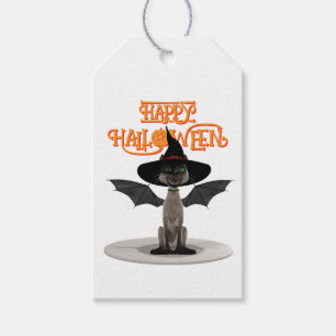 Happy Halloween. Katze mit Flügeln und Hexenhut Geschenkanhänger
