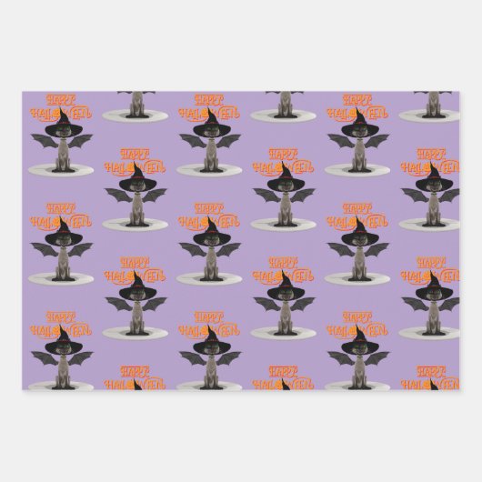 Happy Halloween. Katze mit Flügeln und Hexenhut Geschenkpapier Set (Vorderseite 3)