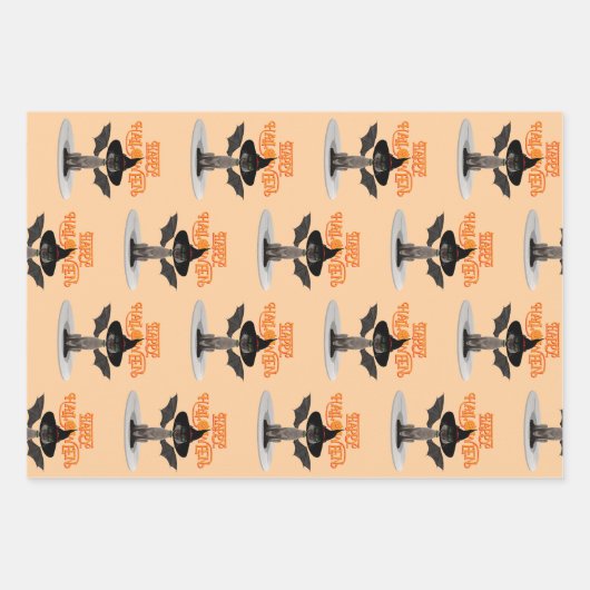 Happy Halloween. Katze mit Flügeln und Hexenhut Geschenkpapier Set (Vorderseite 2)