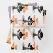 Happy Halloween. Katze mit Flügeln und Hexenhut Geschenkpapier Set (Beispiel)