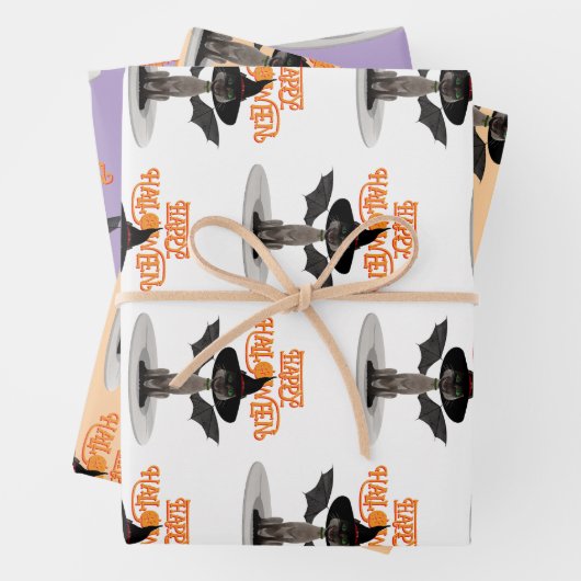 Happy Halloween. Katze mit Flügeln und Hexenhut Geschenkpapier Set (Beispiel)