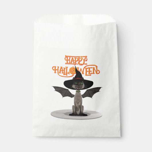 Happy Halloween. Katze mit Flügeln und Hexenhut Geschenktütchen (Vorderseite)
