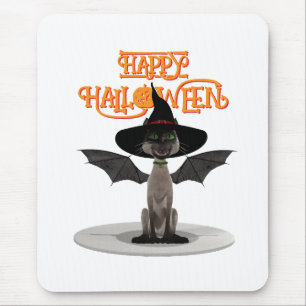 Happy Halloween. Katze mit Flügeln und Hexenhut Mousepad