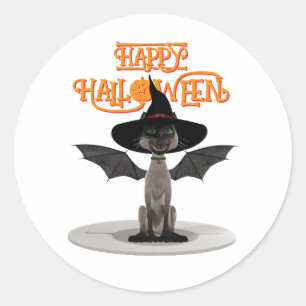 Happy Halloween. Katze mit Flügeln und Hexenhut Runder Aufkleber