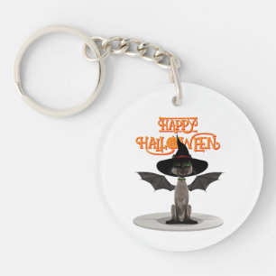 Happy Halloween. Katze mit Flügeln und Hexenhut Schlüsselanhänger