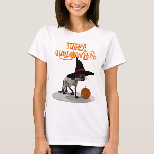 Happy Halloween. Katze mit Hexenhut T-Shirt (Vorderseite)