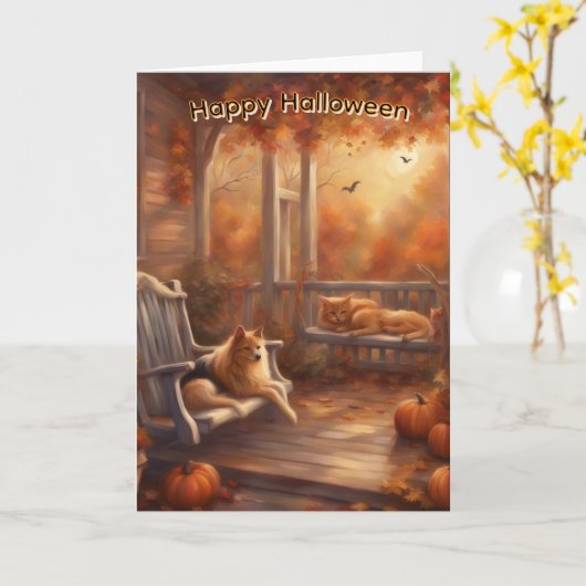 Happy Halloween Katze und Hund auf der Vorderterra Karte (Gelbe Blume)