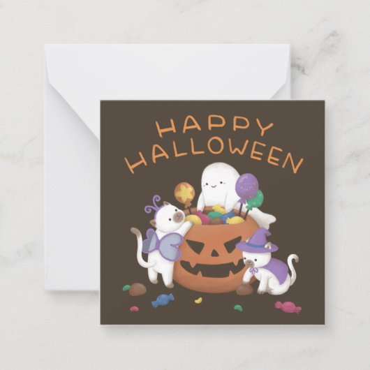 Happy Halloween: Katzen & Geist Mitteilungskarte (Vorderseite)