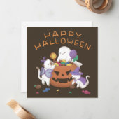 Happy Halloween: Katzen & Geist Mitteilungskarte (Vorderseite/Rückseite Beispiel)