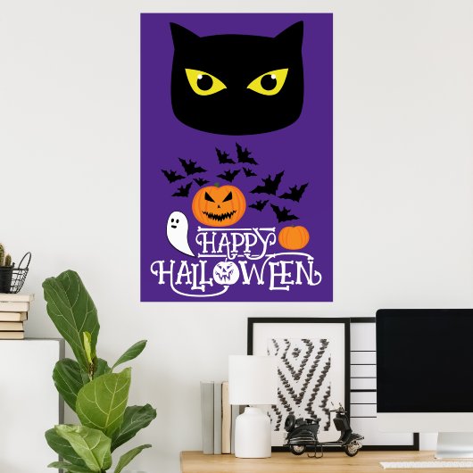 Happy Halloween Katzenbällchen Kürbis auf lila Poster (Heimbüro)