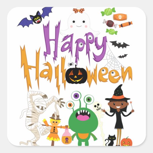 Happy Halloween Kids Niedlich und Spooky Quadratischer Aufkleber (Vorderseite)