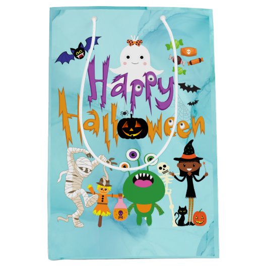 Happy Halloween Kids Niedlich und Spooky Watercolo Mittlere Geschenktüte (Vorderseite)
